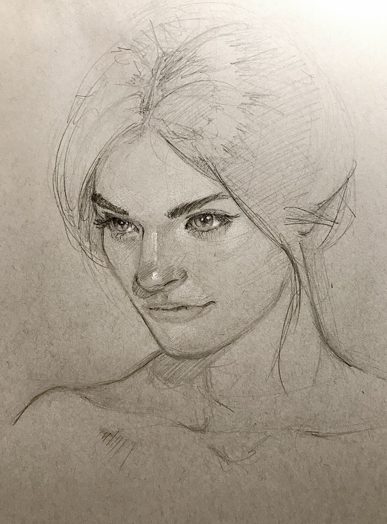 Graphite drawing, woman's face in three quarter view