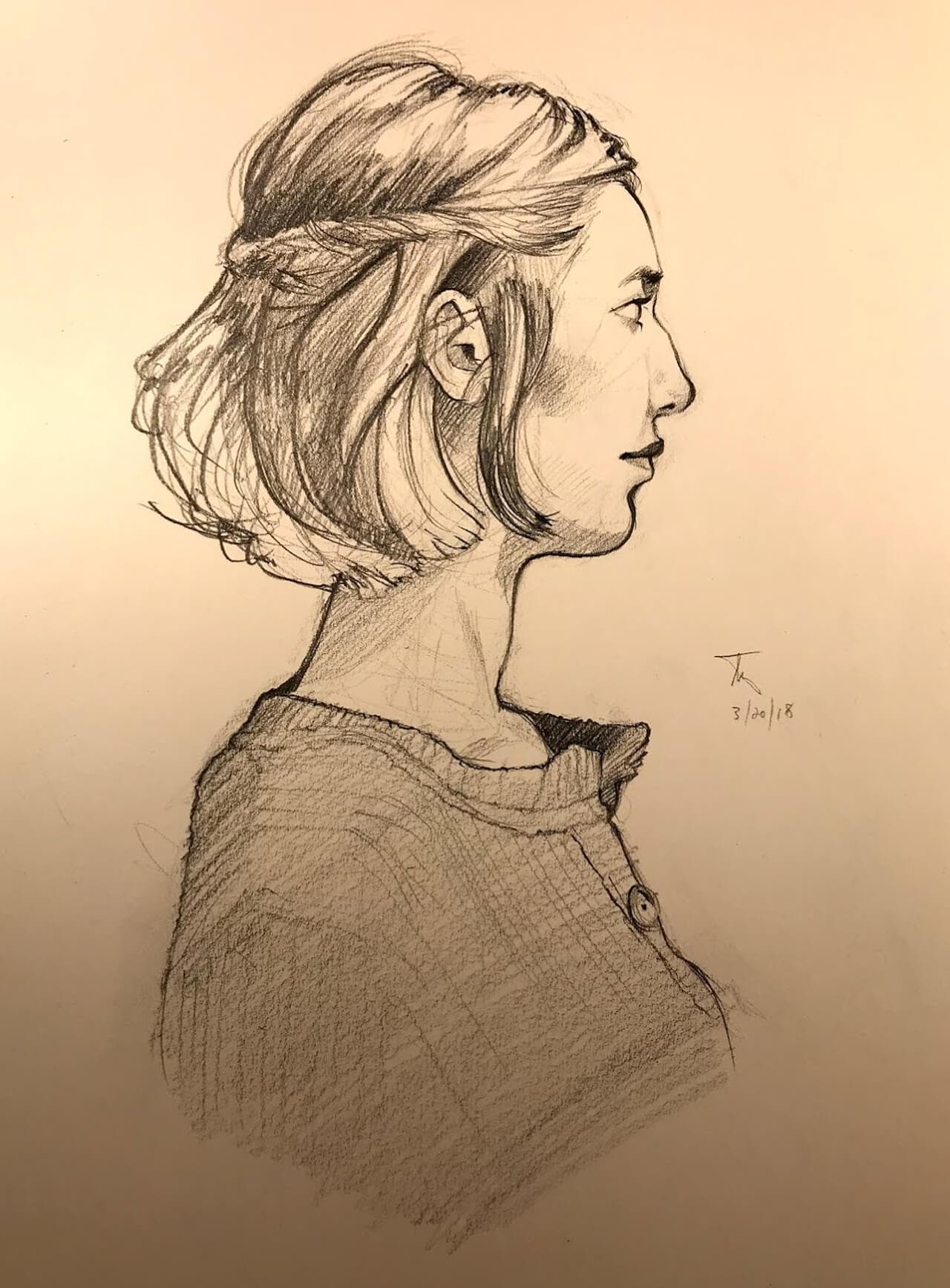 Graphite drawing, woman looking to the side