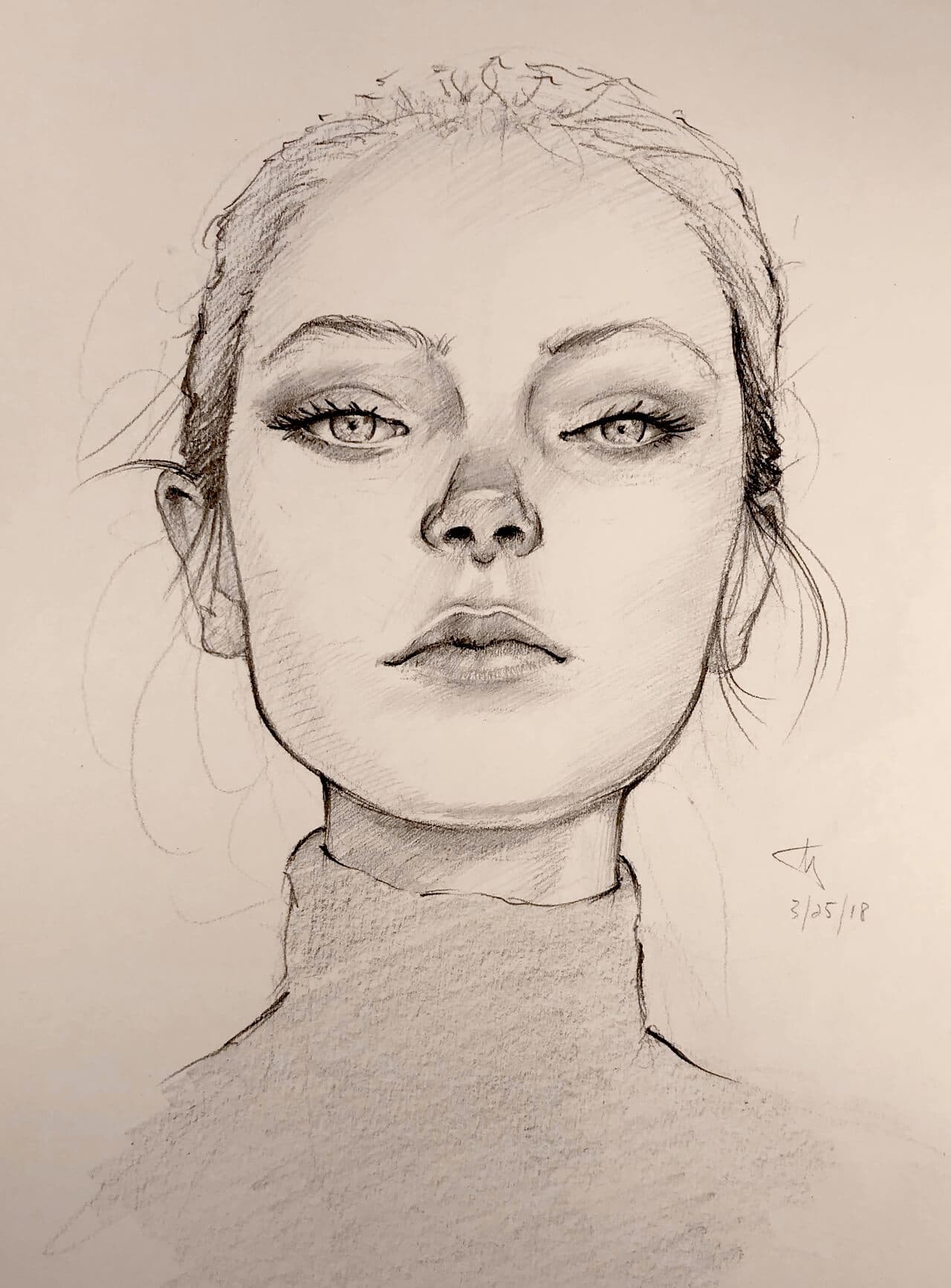 Graphite drawing, woman with hair up in a turtleneck looking straight ahead