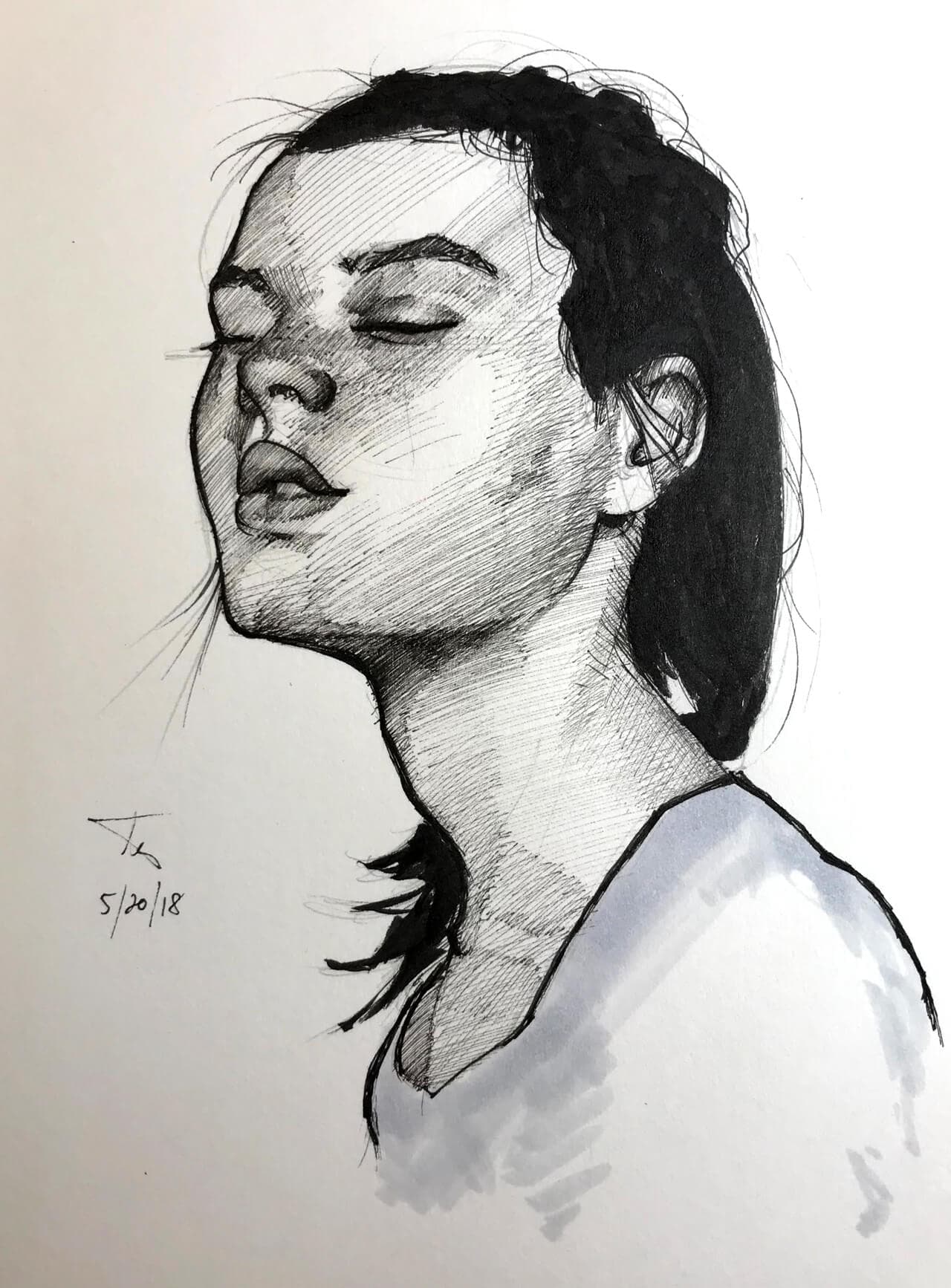 Pen & ink drawing, woman with black hair and eyes closed looking slightly upwards