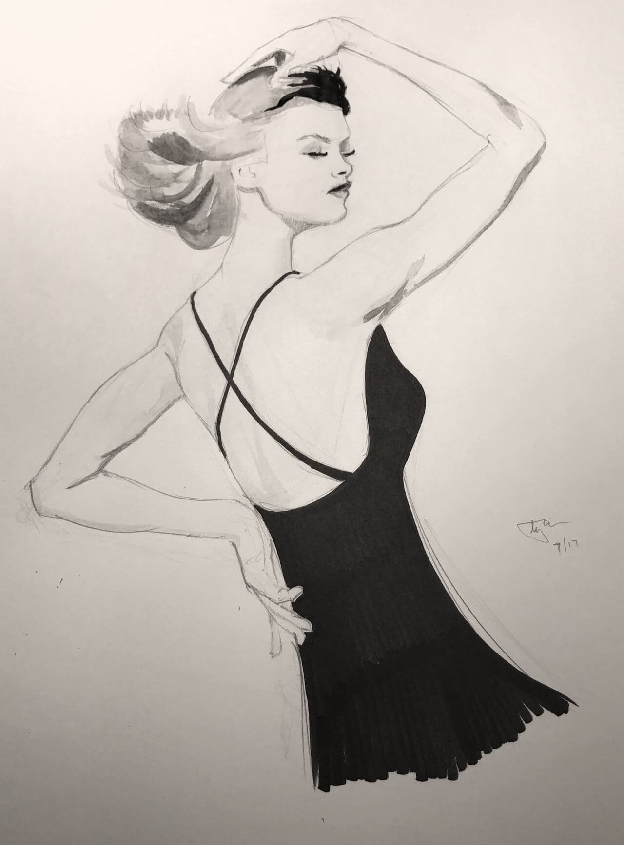 Pen & ink sketch of woman in black dress with one hand on her head and the other on her hip, eyes closed