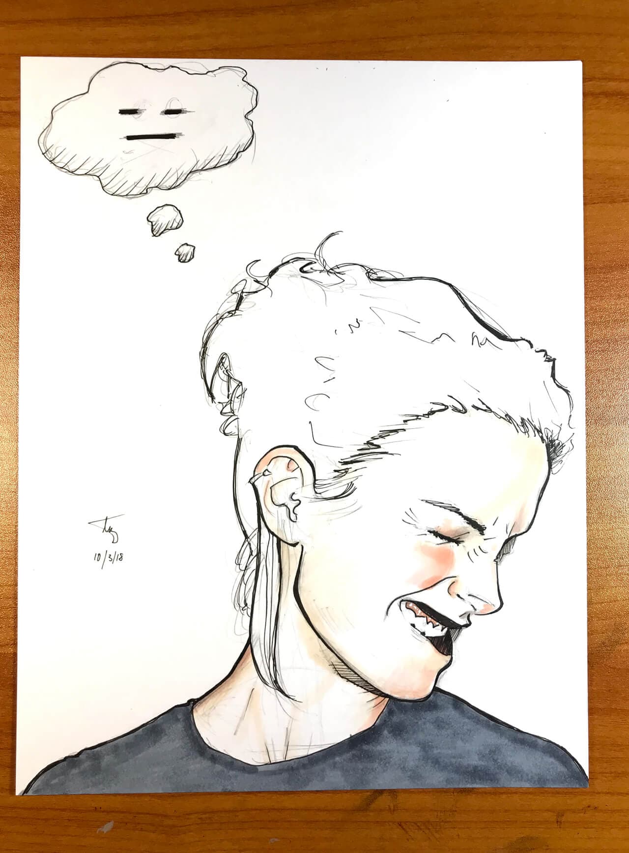 Drawing of a grimacing Emma Watson with an expressionless emoji thought bubble