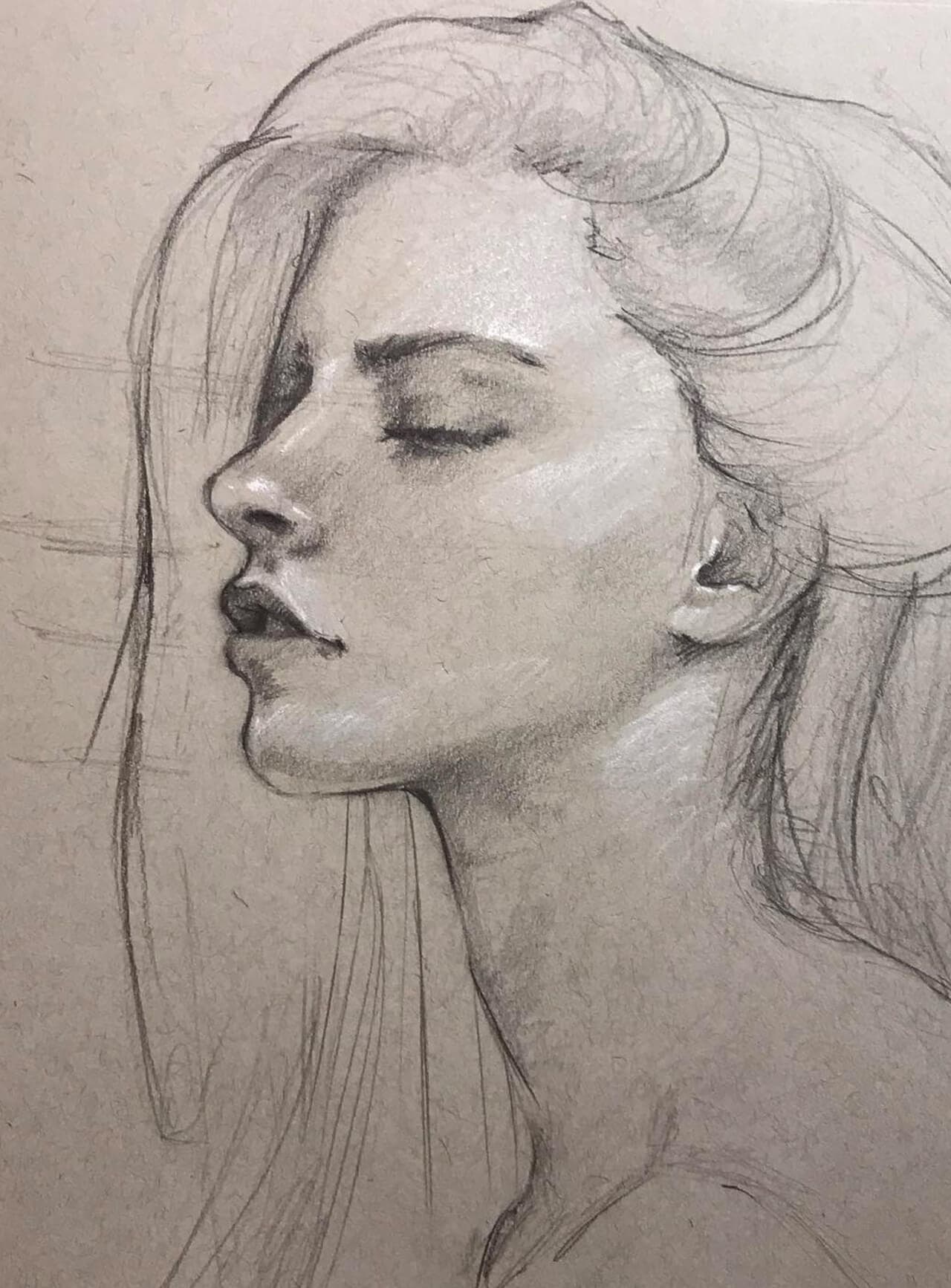 Graphite drawing, woman with long hair in profile