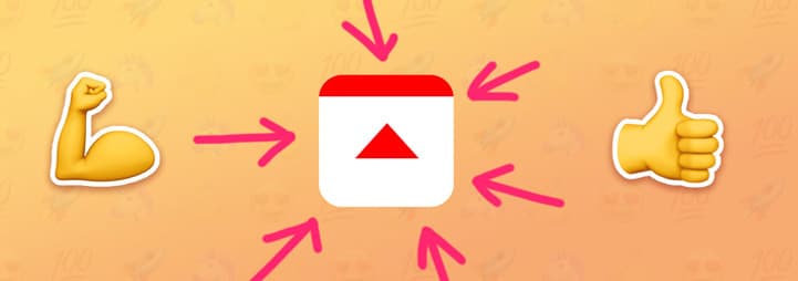 Fulcrum icon with hand-drawn arrows pointint to it, flanked by muscle and thumbs-up emojis on an orange background