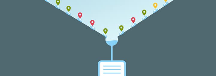 Map icons perched on water droplets sliding down a v-shaped funnel toward a single page icon