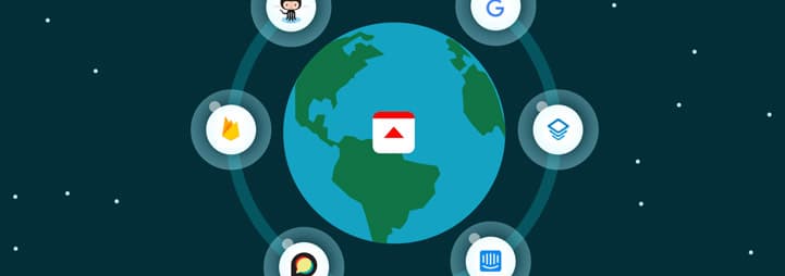 Fulcrum icon centered on a graphic of Earth with various software logos in orbit