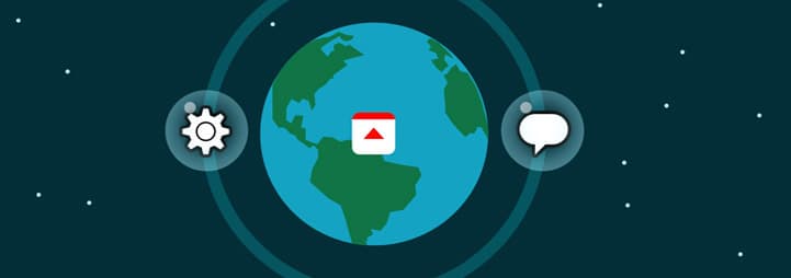 Fulcrum icon centered on a graphic of Earth with a gear and chat icon in orbit