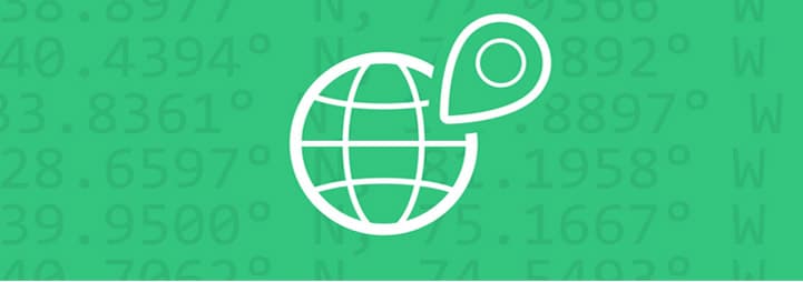 Globe icon overlaying a green background patterned with lat long values
