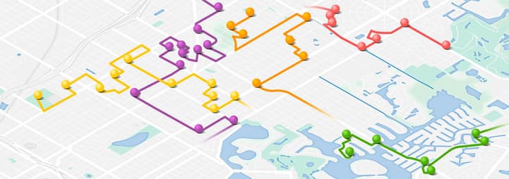 Isometric map with various colored routes and pins
