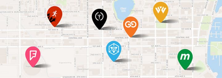 Map with various software icons as pins