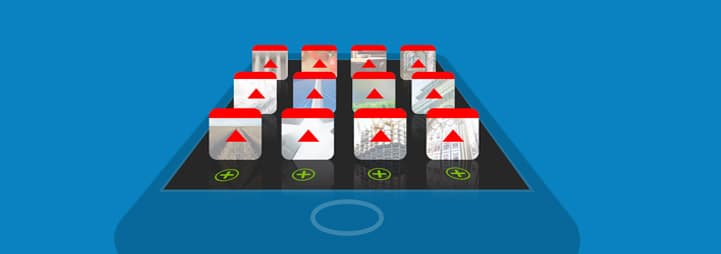 Forshortened view of a mobile device with Fulcrum icons stood up where app icons would be