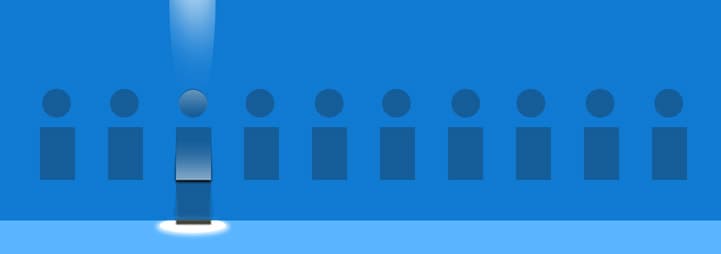 Icons of abstract people with one spotlighted on a blue background