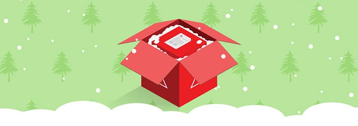 Green background with snow and an evergreen tree pattern behind a Fulcrum gift box illustration