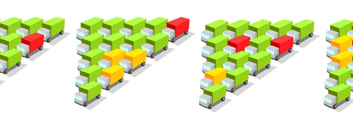 Fleet of tiny truck illustrations arranged in groups that form triangles