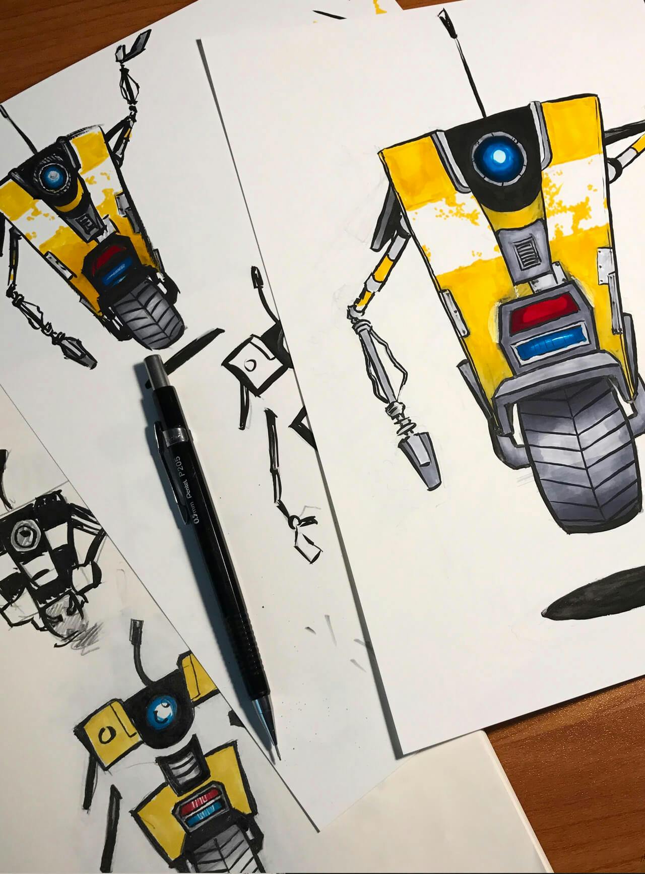 Drawings of ClapTrap from the Borderlands video game franchise