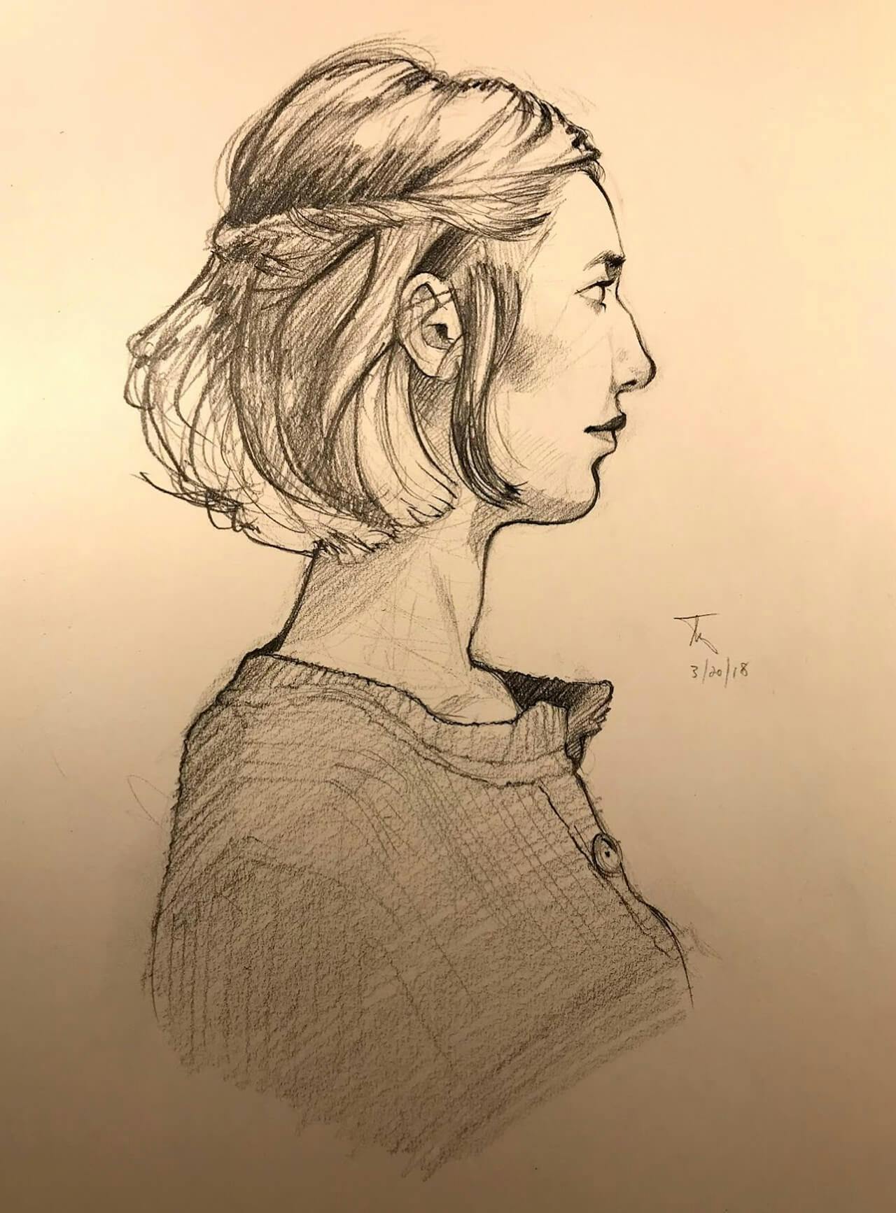 Graphite drawing, woman looking to the side
