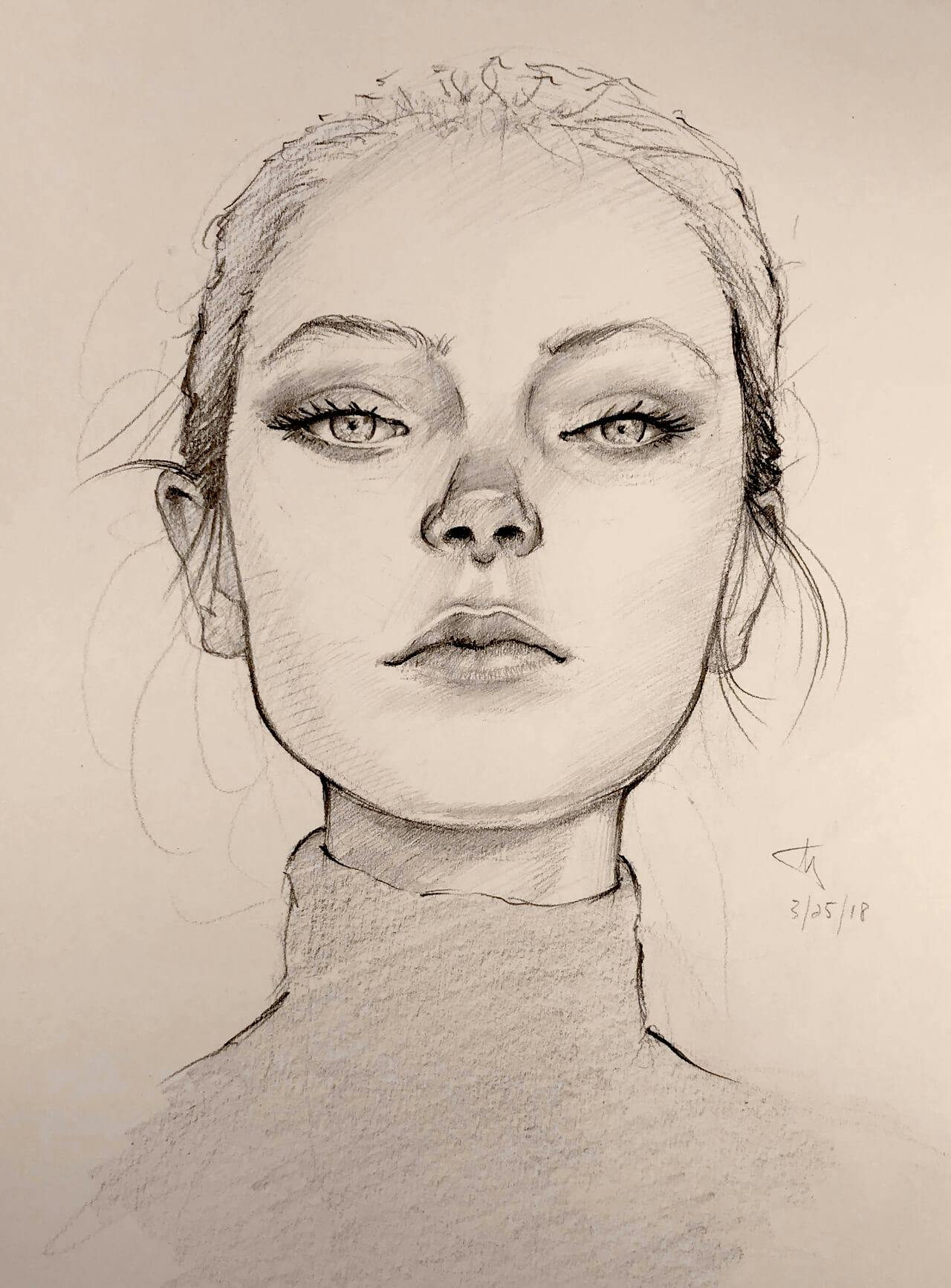 Graphite drawing, woman with hair up in a turtleneck looking straight ahead