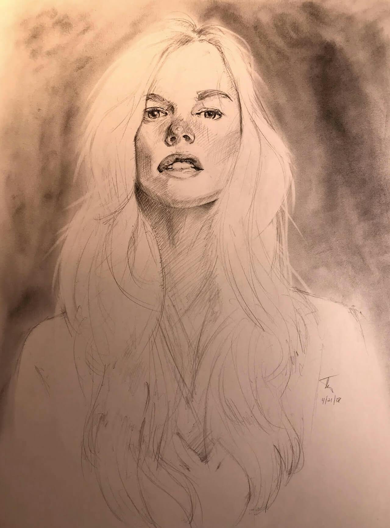 Graphite drawing, woman with long blonde hair looking straight ahead
