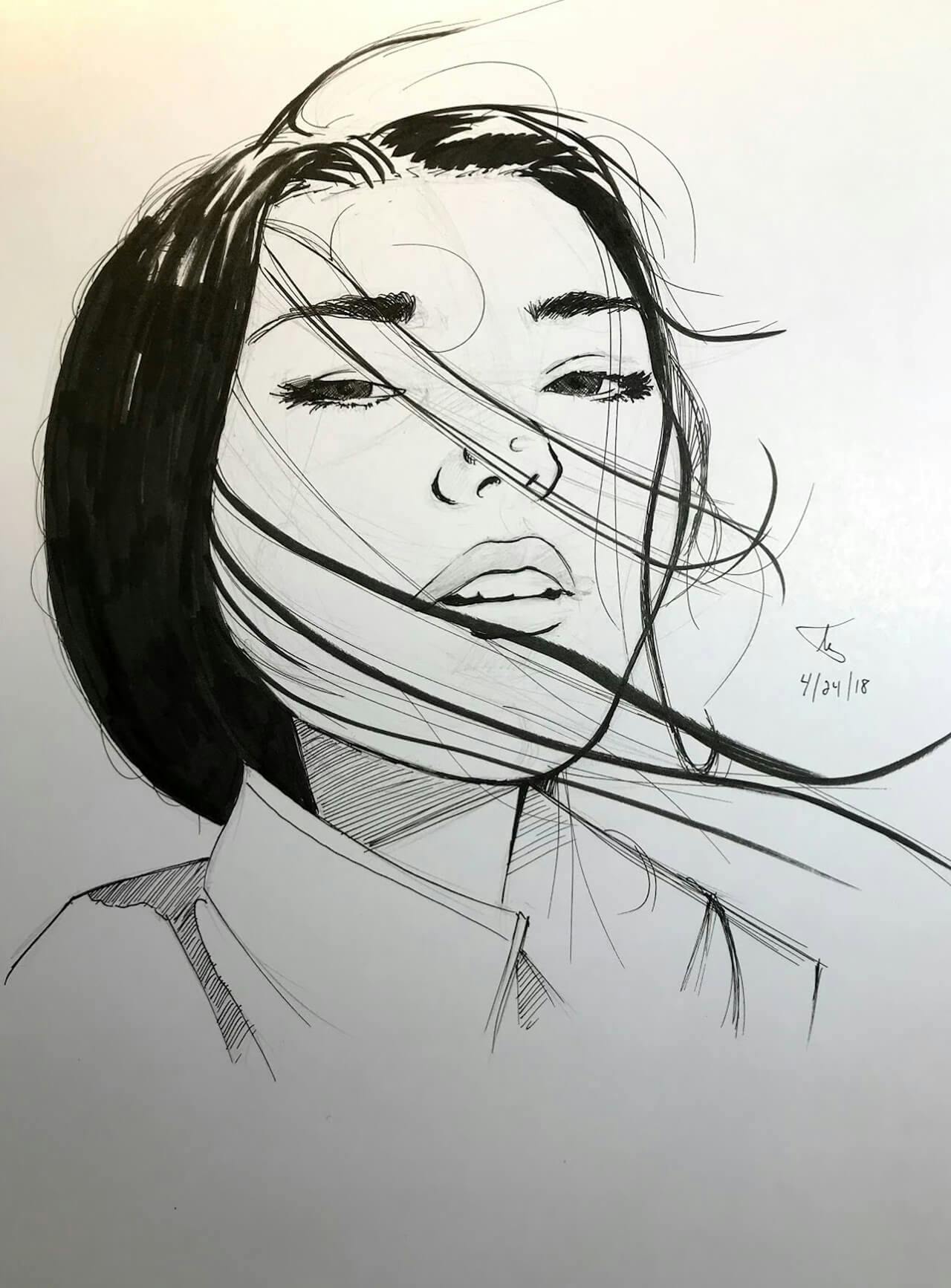Pen & ink drawing, woman in collared shirt, three quarter view