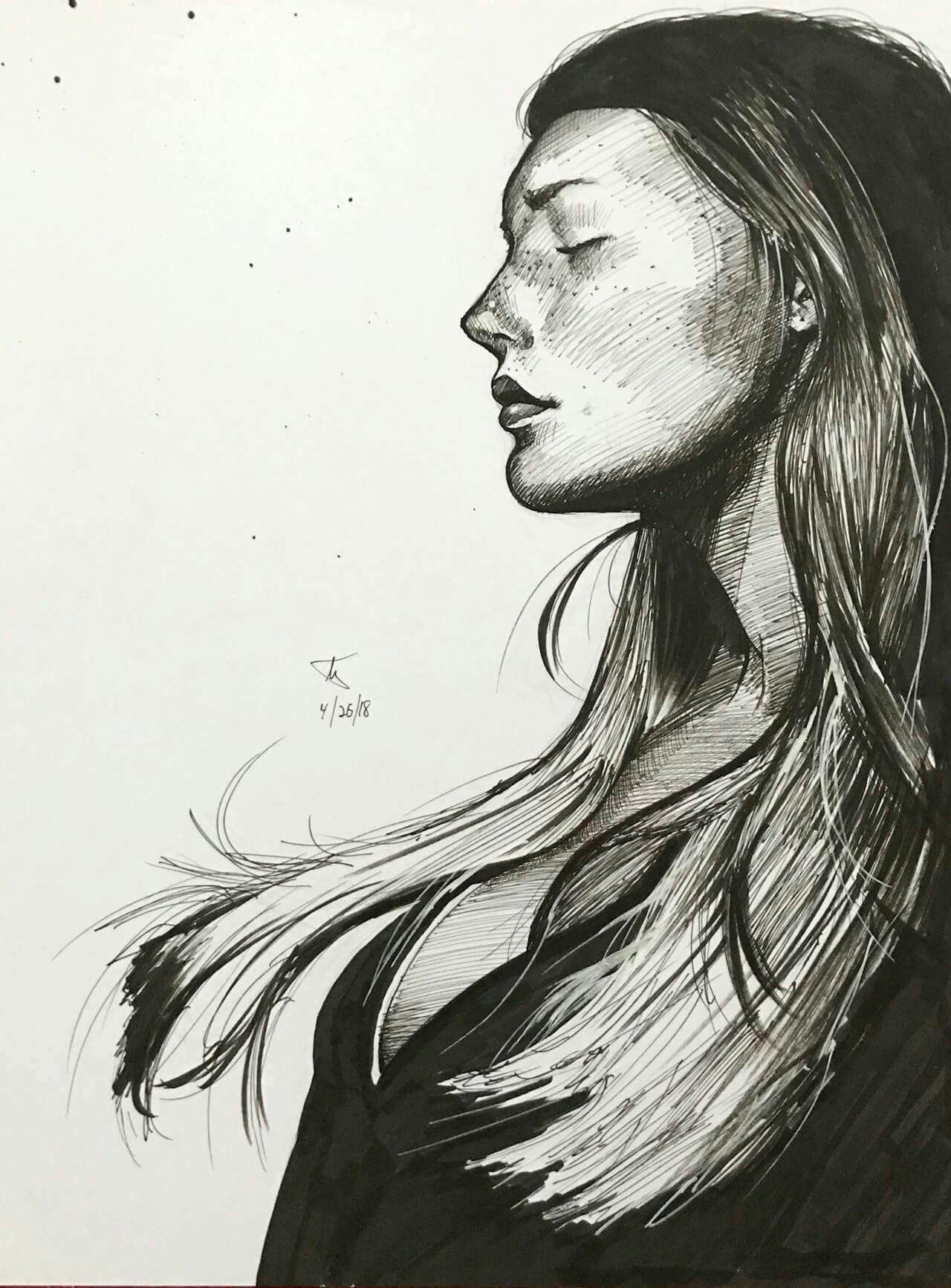 Pen & ink drawing, woman with long hair, eyes closed in a black shirt turned to the side
