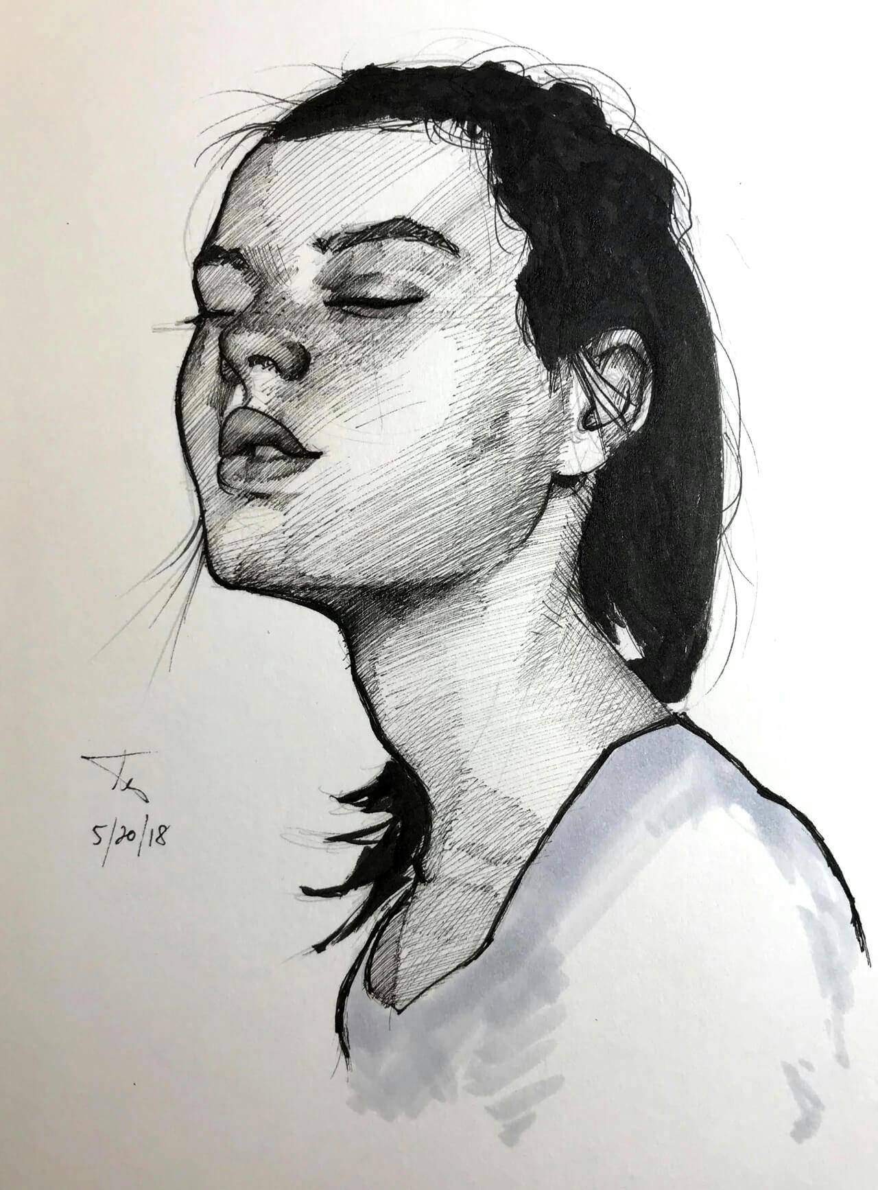 Pen & ink drawing, woman with black hair and eyes closed looking slightly upwards