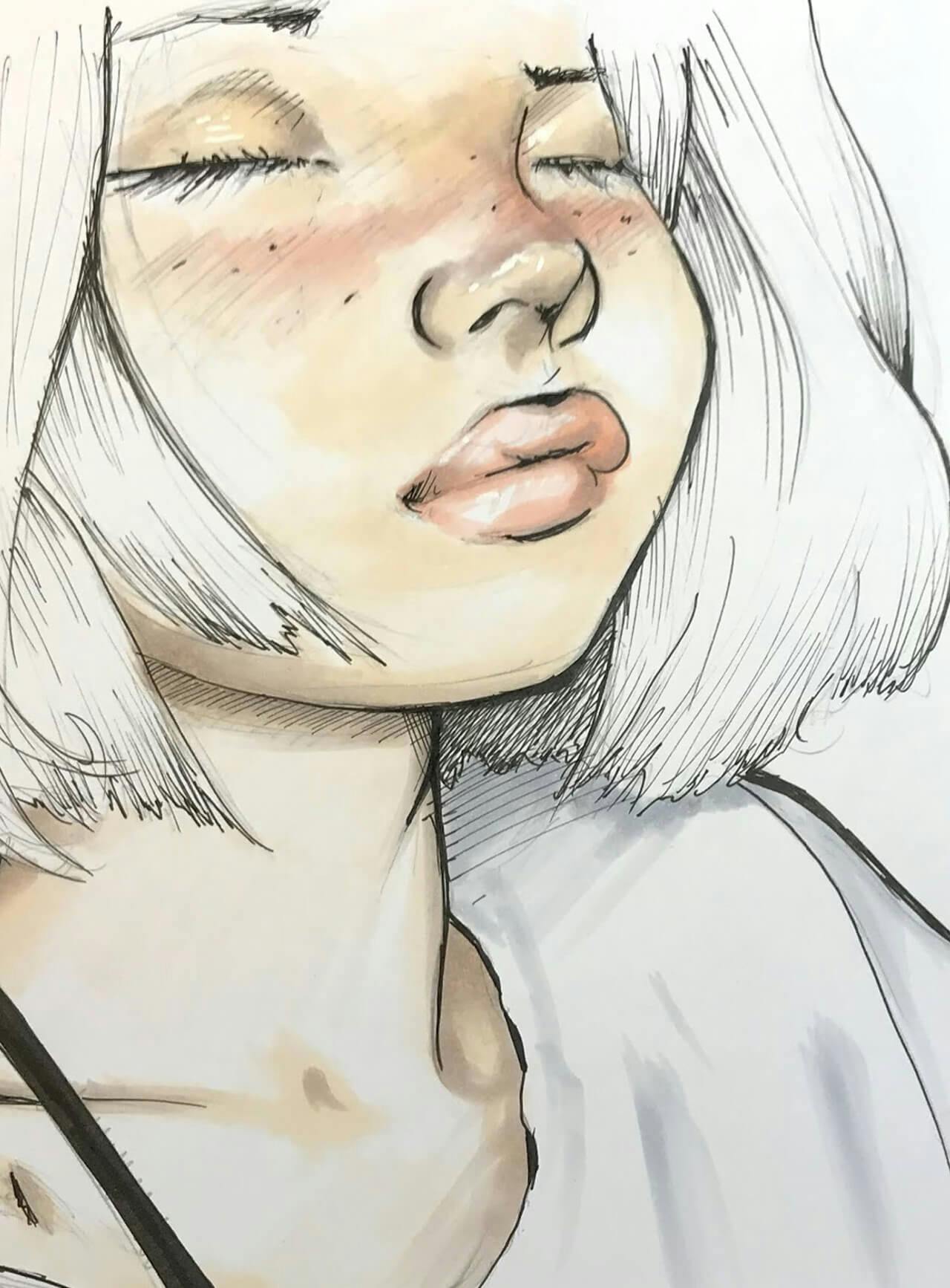 Ink & marker sketch of girl in close-up, eyes closed in white shirt, three quarter view