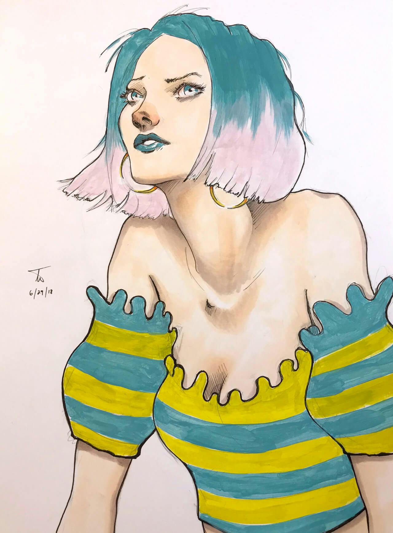 Ink & marker illustration of girl with hoop earrings, teal hair in a teal and chartreuse striped blouse, leaning forward