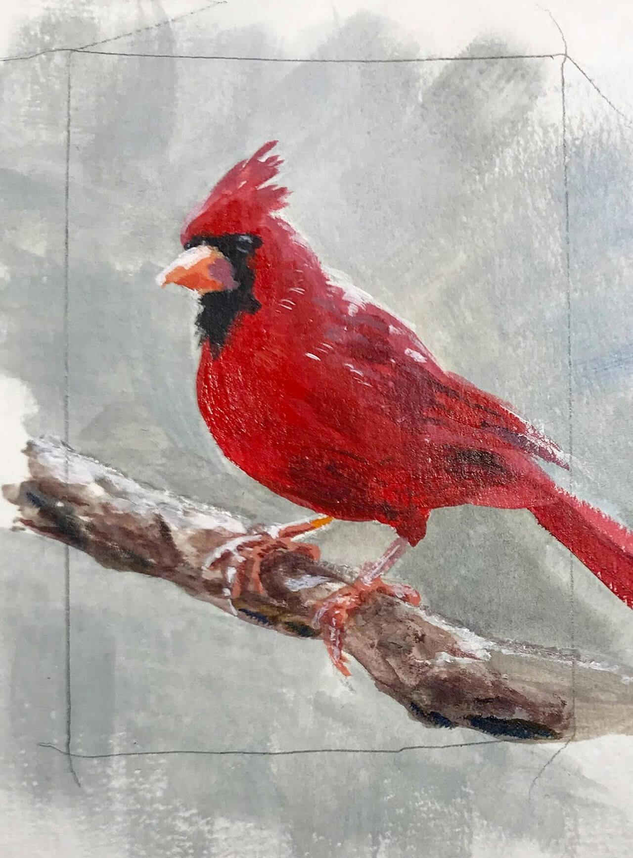 Painting of a male cardinal perched on a branch