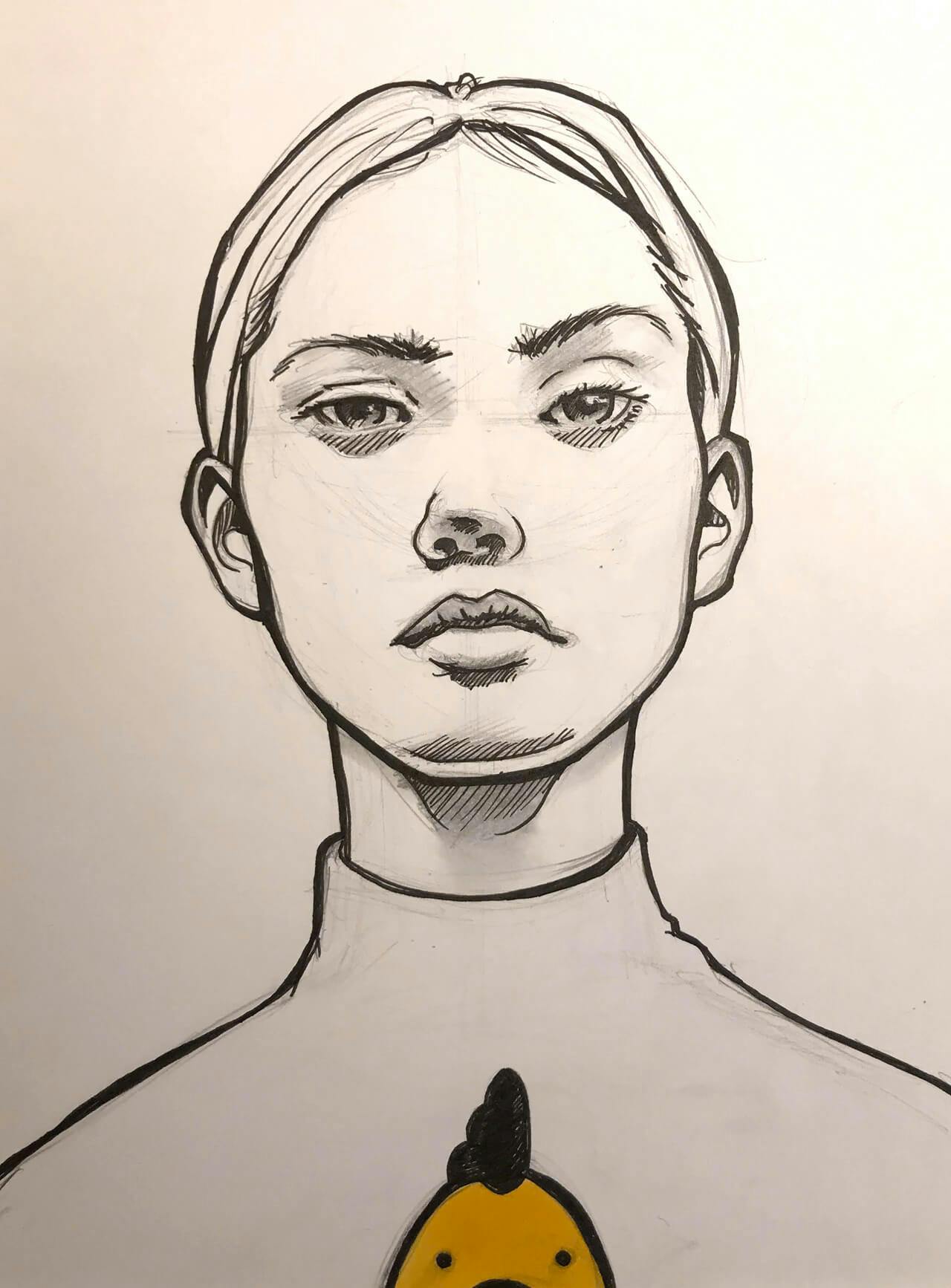 Ink & marker sketch of a young woman with a yellow chick on here shirt, looking forward