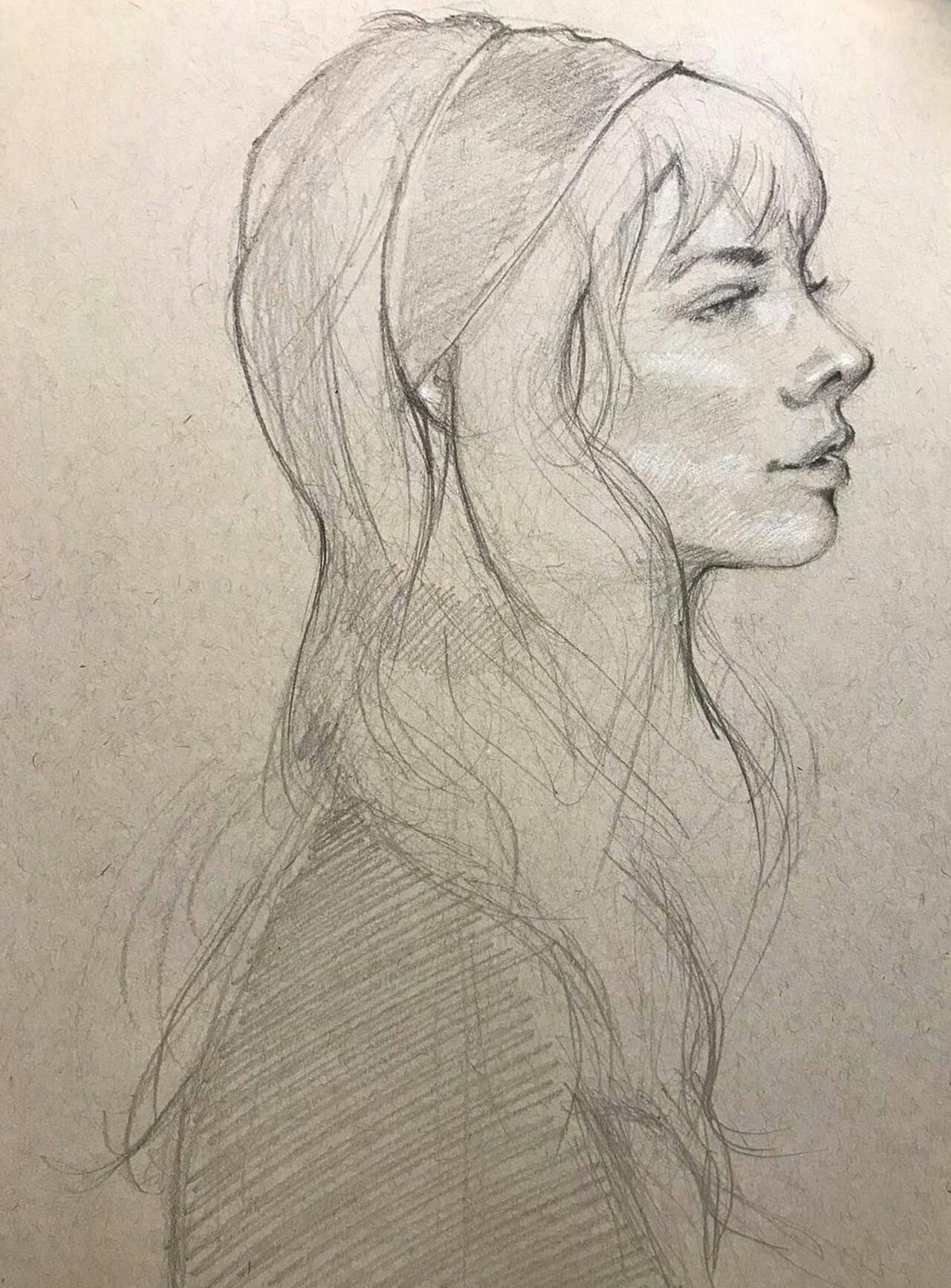 Graphite drawing, woman with long hair in profile
