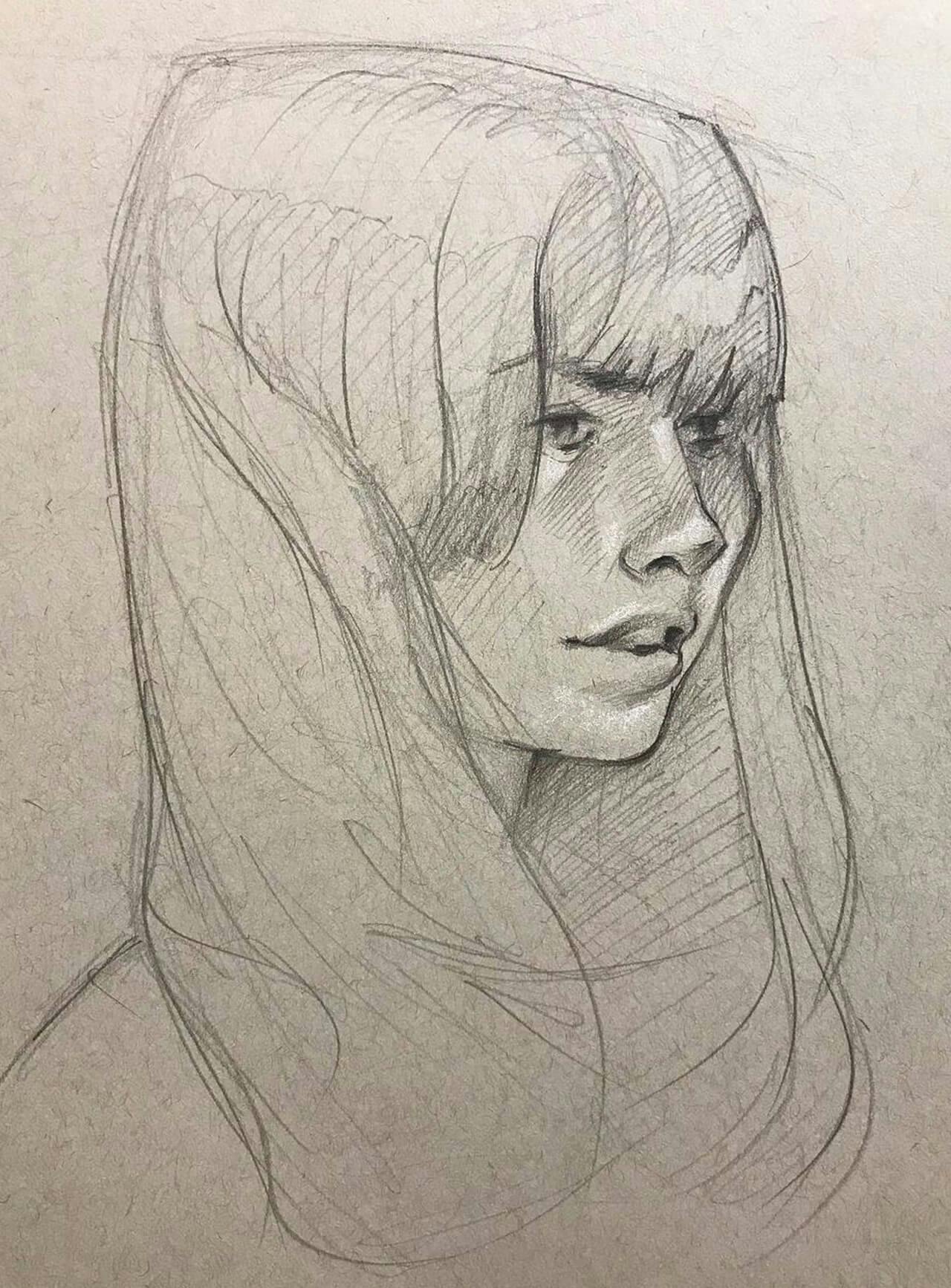 Graphite sketch, woman with long hair and bangs in three quarter view