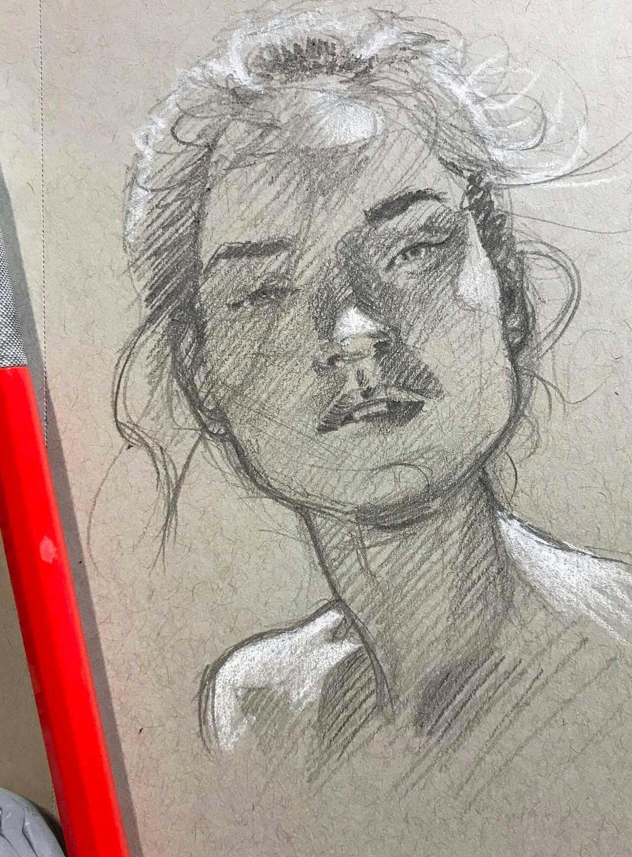 Graphite sketch, woman with head tilted, looking straight ahead