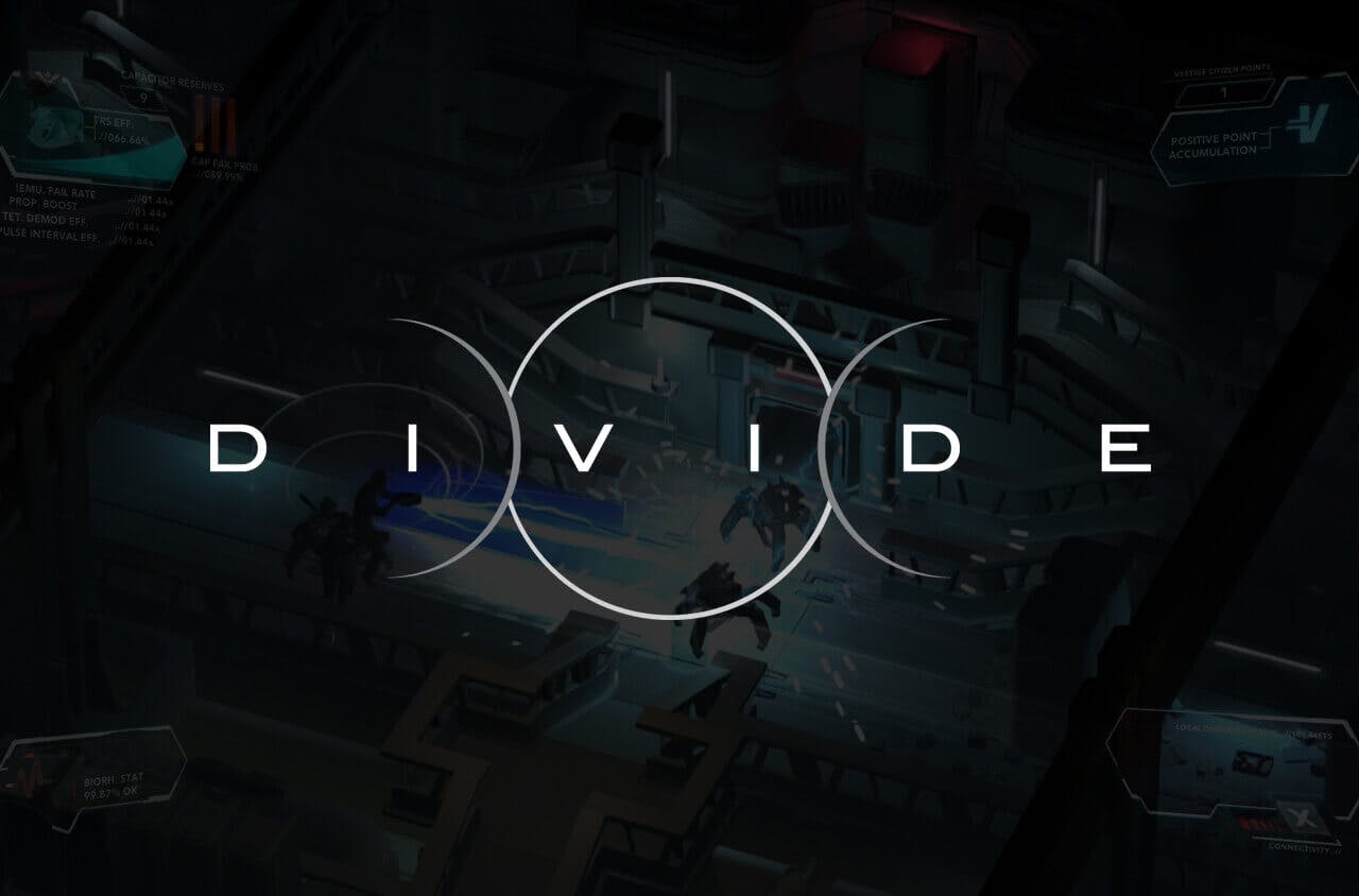 White Divide logo over black background with a faded in-game screenshot