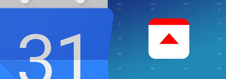 Large Google Calendar icon & smaller Fulcrum icon overlaying a blue abstraction of a calendar