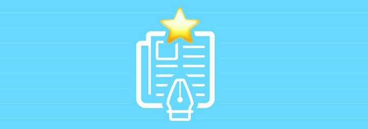 Pen & paper icon with a gold star at the top on a light blue background