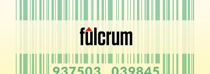 Fulcrum logo overlaying a green barcode
