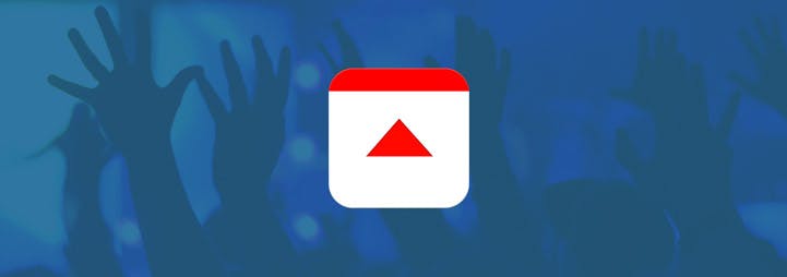 Fulcrum icon on a blue background with faded photo of an audience with their hands up