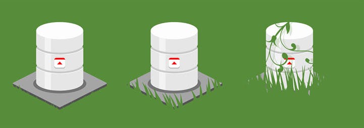 Three identical icons of a fulcrum-branded server, each more covered in vegetation than the last