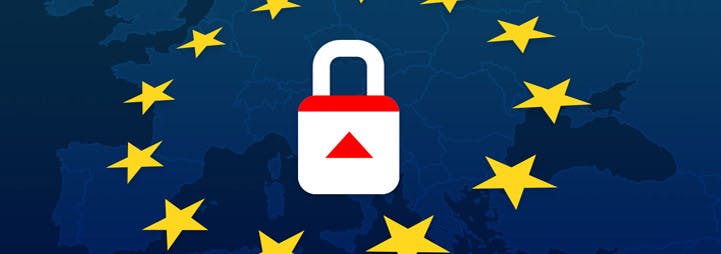Fulcrum padlock icon over a navy blue map of Europe and the European Union ring of gold stars