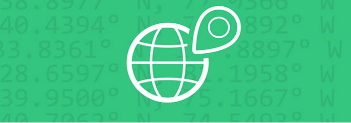 Globe icon overlaying a green background patterned with lat long values