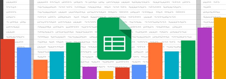 Google Sheets icon with colored bar charts below it overlaying an abstraction of a spreadsheet